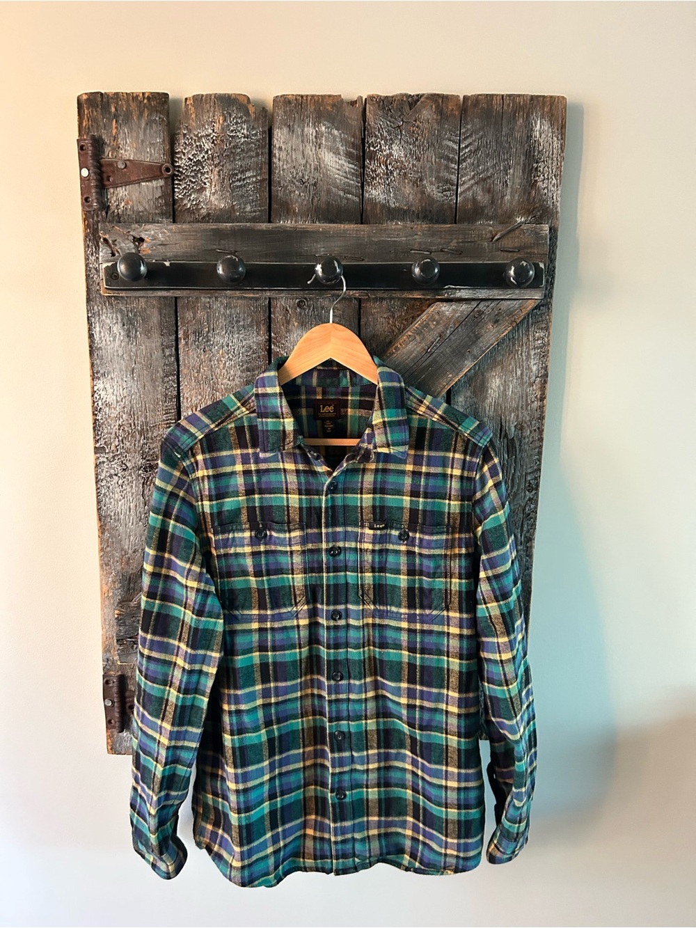 Men’s Lee Blue and Green Plaid Button-Down Shirt